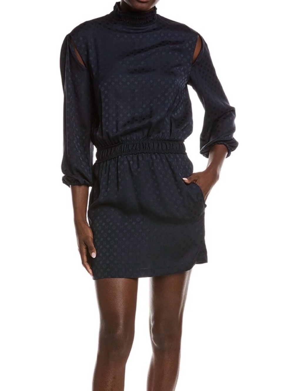 Maje Black Navy Mock-Neck Mini Dress with Shoulder Cutouts
